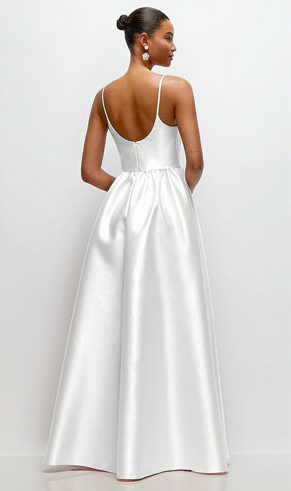 Back View - White Scoop Neck Drop Basque Skirt Satin Maxi Dress with Pockets