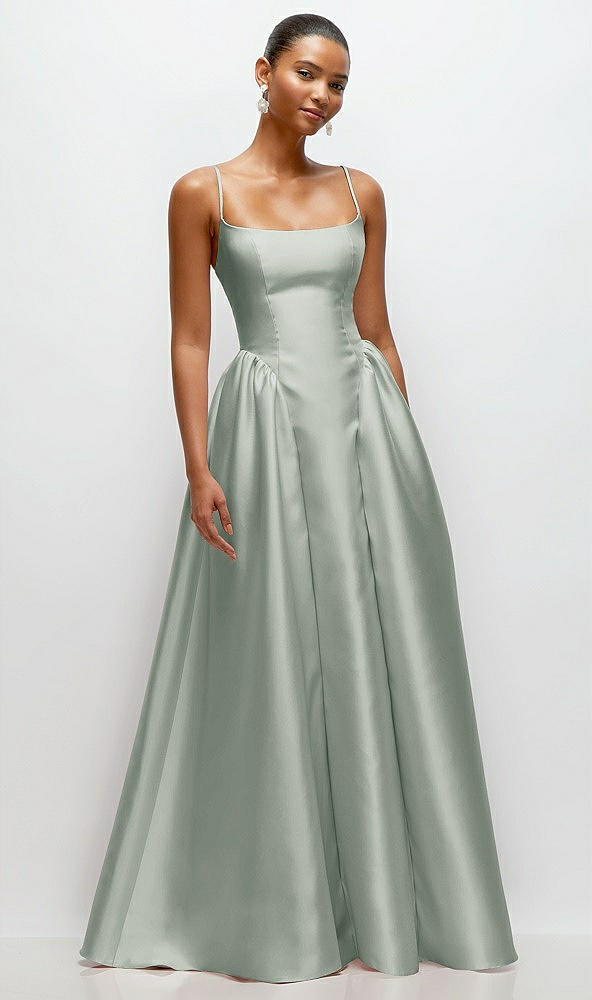 Front View - Willow Green Scoop Neck Drop Basque Skirt Satin Maxi Dress with Pockets