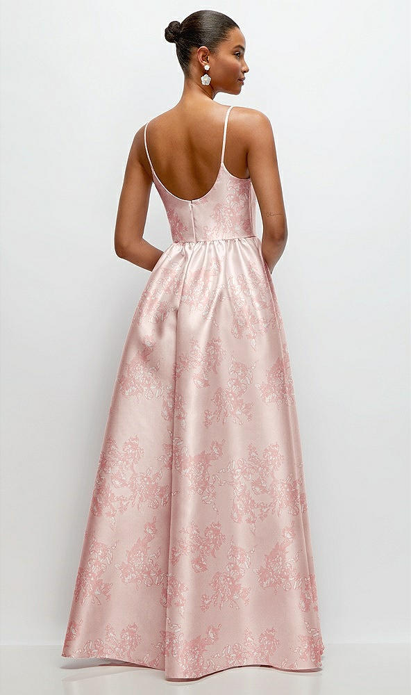 Back View - Bow And Blossom Print Scoop Neck Drop Basque Skirt Floral Satin Maxi Dress with Pockets