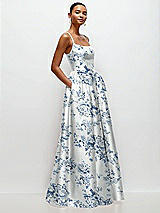 Side View Thumbnail - Cottage Rose Larkspur Scoop Neck Drop Basque Skirt Floral Satin Maxi Dress with Pockets