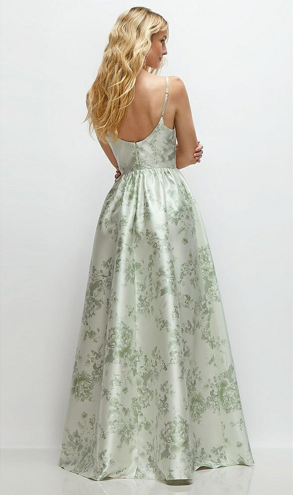 Back View - Sage Cottage Rose Scoop Neck Drop Basque Skirt Floral Satin Maxi Dress with Pockets