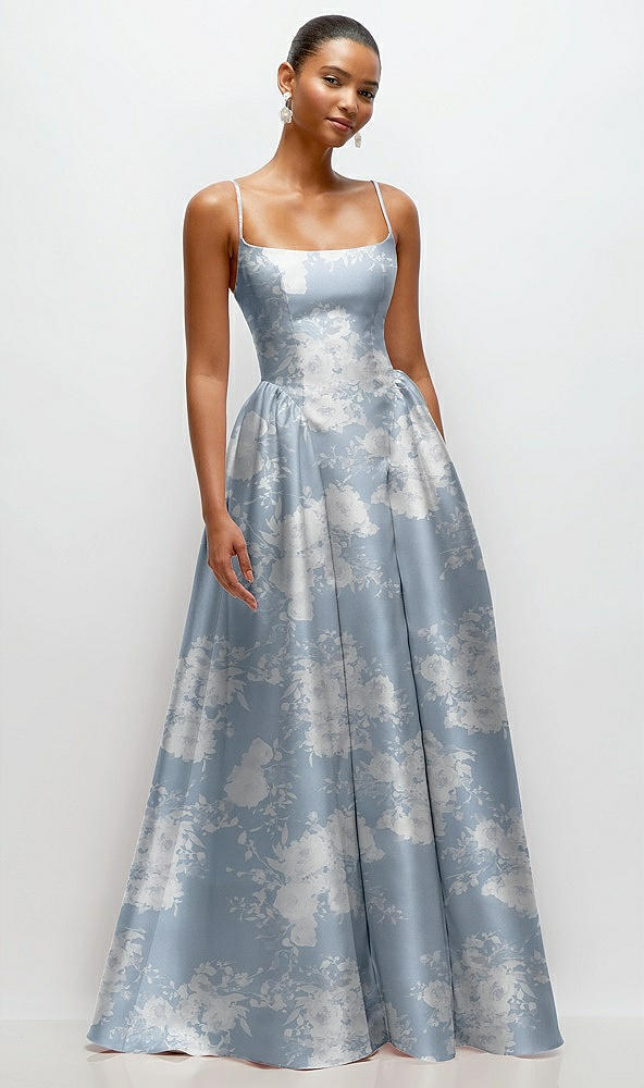 Front View - Porcelain Blue Seraphina Floral Scoop Neck Drop Basque Skirt Floral Satin Maxi Dress with Pockets