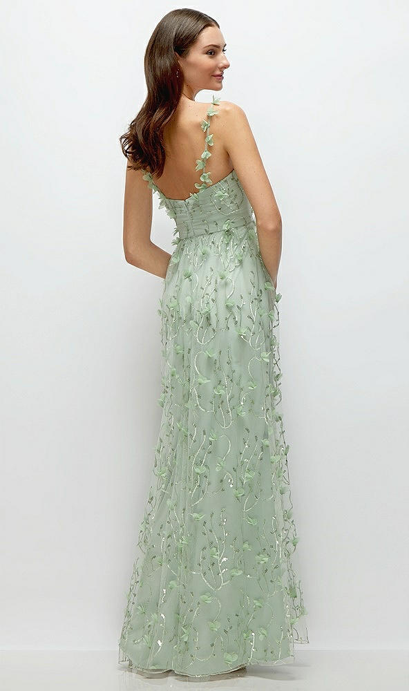 Back View - Celadon Shirred 3D Sequin Embroidery Floral Maxi Dress with Petal-Adorned Straps