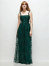 Front View Thumbnail - Evergreen Shirred 3D Sequin Embroidery Floral Maxi Dress with Petal-Adorned Straps