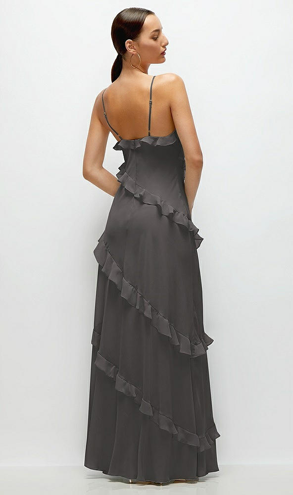 Back View - Caviar Gray Asymmertical Ruffle Chiffon Bias Slip Maxi Dress