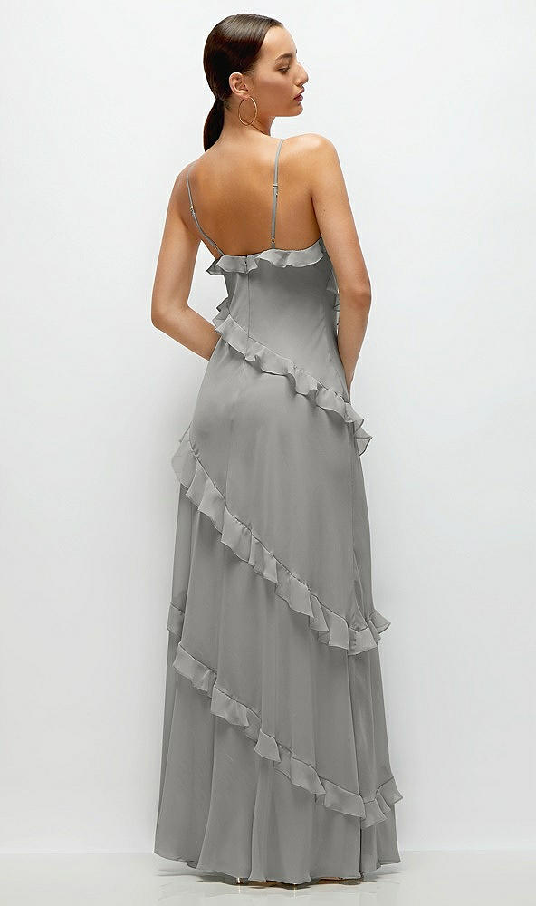 Back View - Chelsea Gray Asymmertical Ruffle Chiffon Bias Slip Maxi Dress