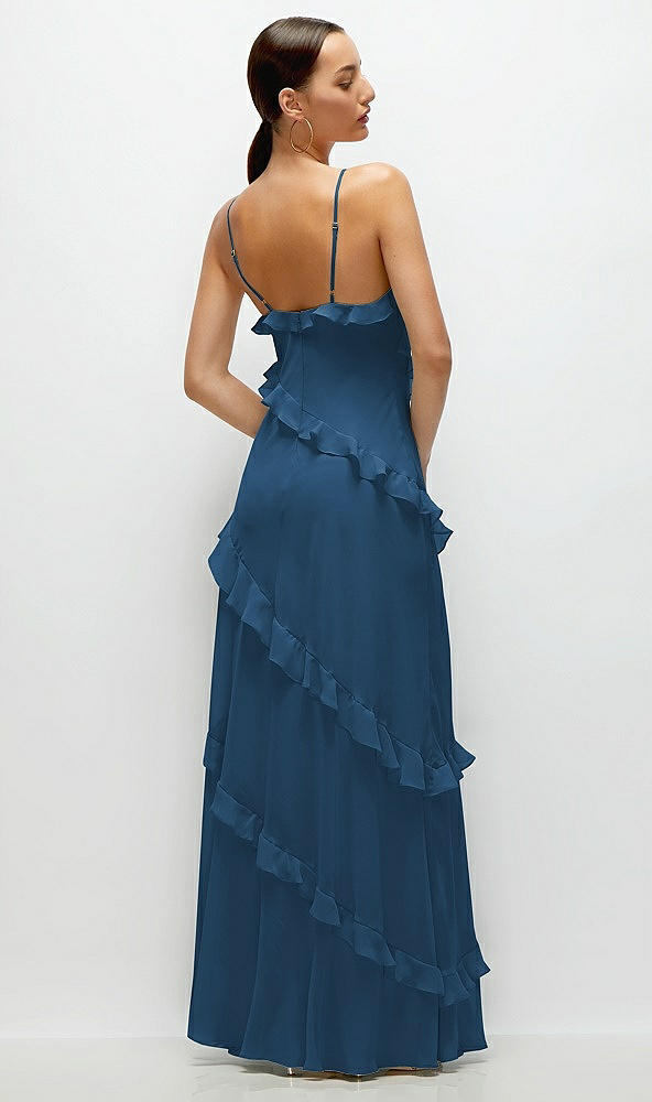 Back View - Dusk Blue Asymmertical Ruffle Chiffon Bias Slip Maxi Dress