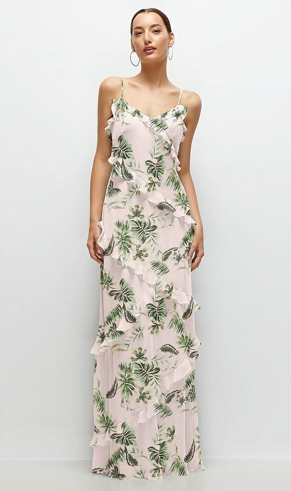 Front View - Palm Beach Print Asymmertical Ruffle Chiffon Bias Slip Maxi Dress