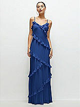 Front View Thumbnail - Classic Blue Asymmertical Ruffle Chiffon Bias Slip Maxi Dress