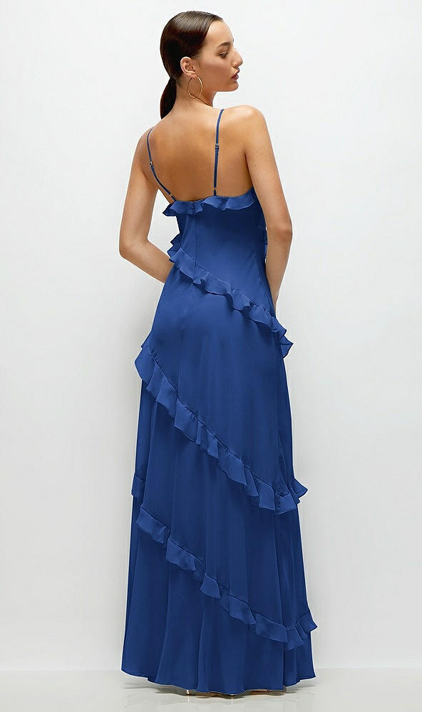 Back View - Classic Blue Asymmertical Ruffle Chiffon Bias Slip Maxi Dress