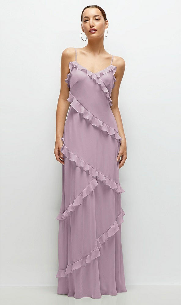 Front View - Suede Rose Asymmertical Ruffle Chiffon Bias Slip Maxi Dress