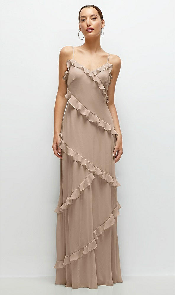 Front View - Topaz Asymmertical Ruffle Chiffon Bias Slip Maxi Dress