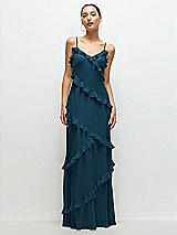 Front View Thumbnail - Atlantic Blue Asymmertical Ruffle Chiffon Bias Slip Maxi Dress