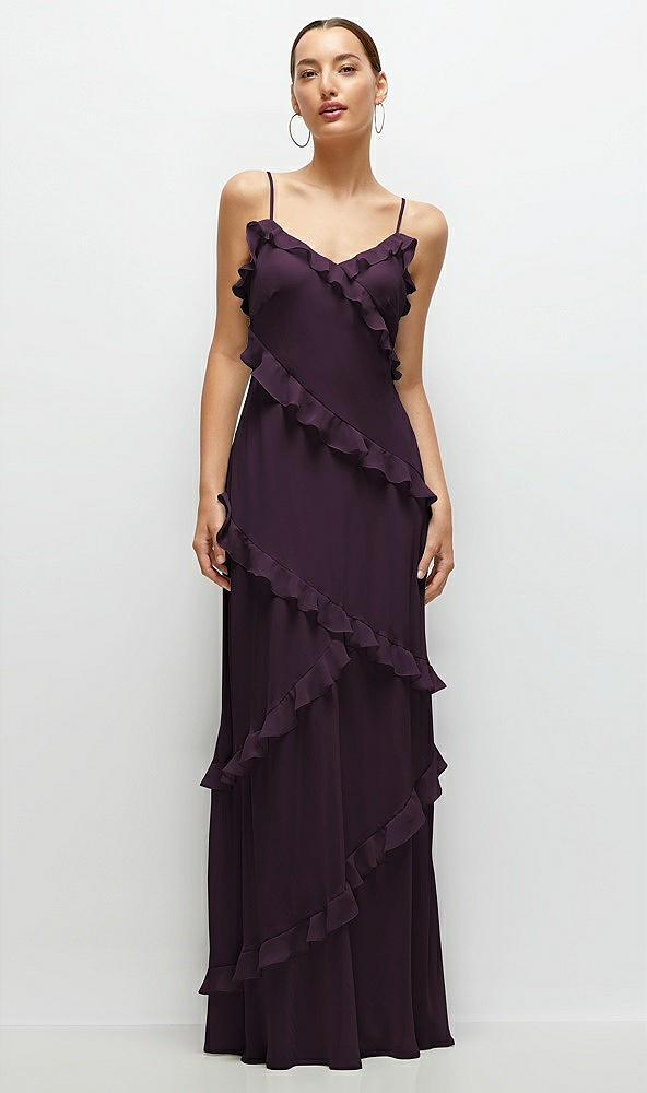 Front View - Aubergine Asymmertical Ruffle Chiffon Bias Slip Maxi Dress