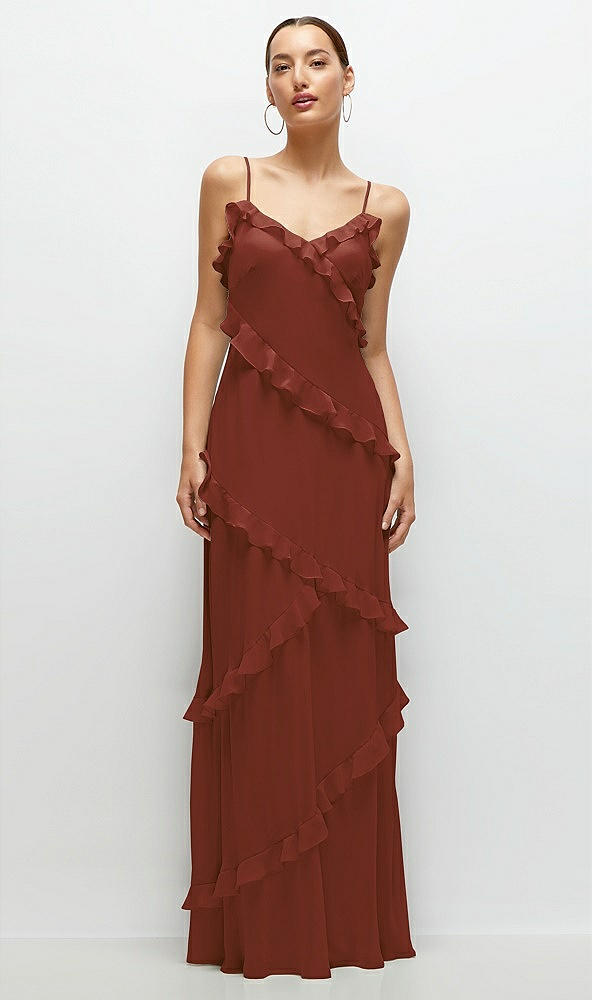 Front View - Auburn Moon Asymmertical Ruffle Chiffon Bias Slip Maxi Dress