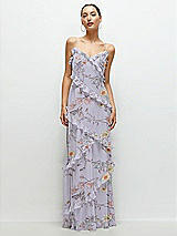 Front View Thumbnail - Butterfly Botanica Silver Dove Asymmertical Ruffle Chiffon Bias Slip Maxi Dress