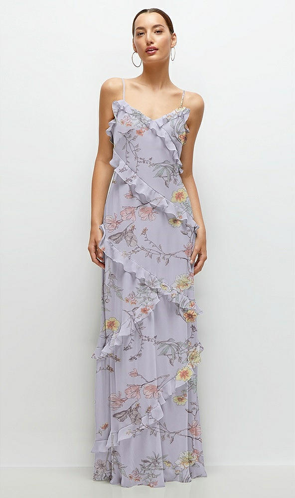 Front View - Butterfly Botanica Silver Dove Asymmertical Ruffle Chiffon Bias Slip Maxi Dress