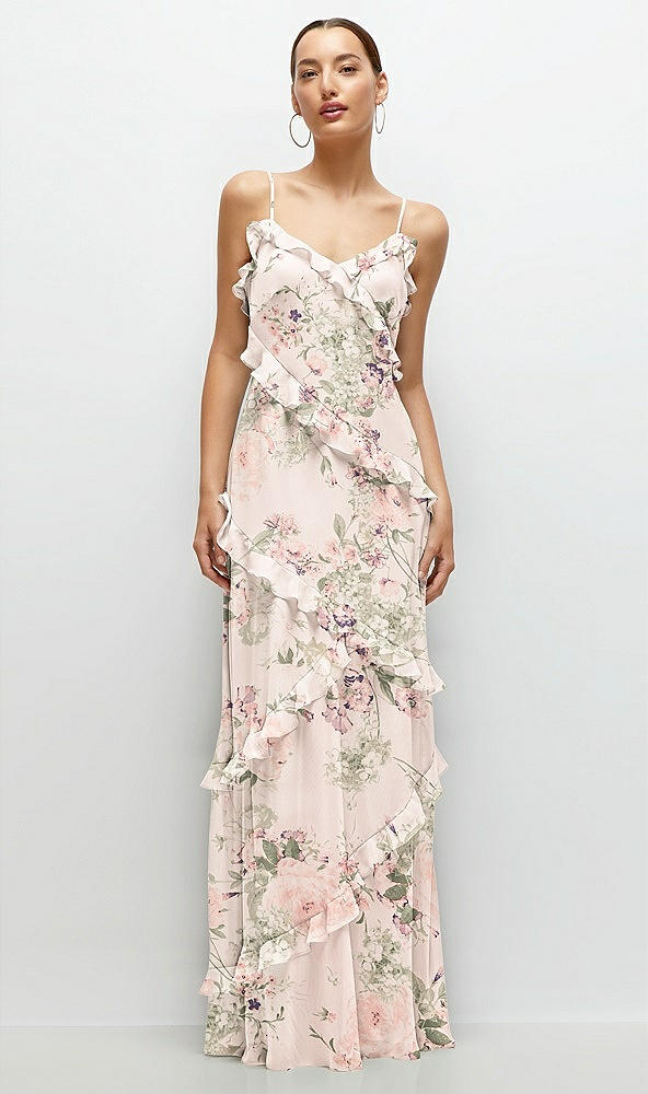 Front View - Blush Garden Asymmertical Ruffle Chiffon Bias Slip Maxi Dress