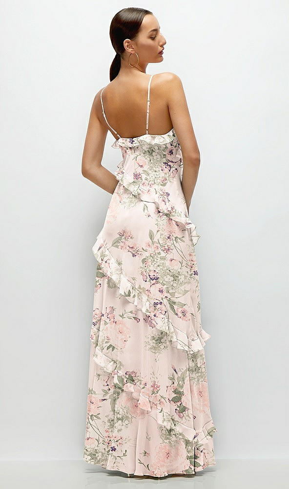 Back View - Blush Garden Asymmertical Ruffle Chiffon Bias Slip Maxi Dress