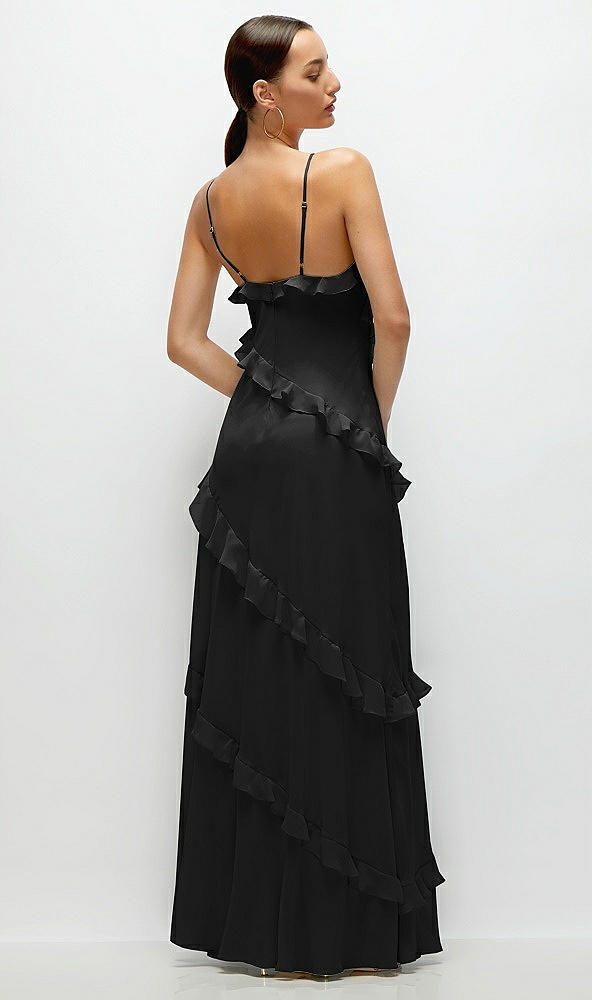 Back View - Black Asymmertical Ruffle Chiffon Bias Slip Maxi Dress