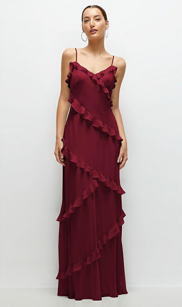 Front View - Burgundy Asymmertical Ruffle Chiffon Bias Slip Maxi Dress