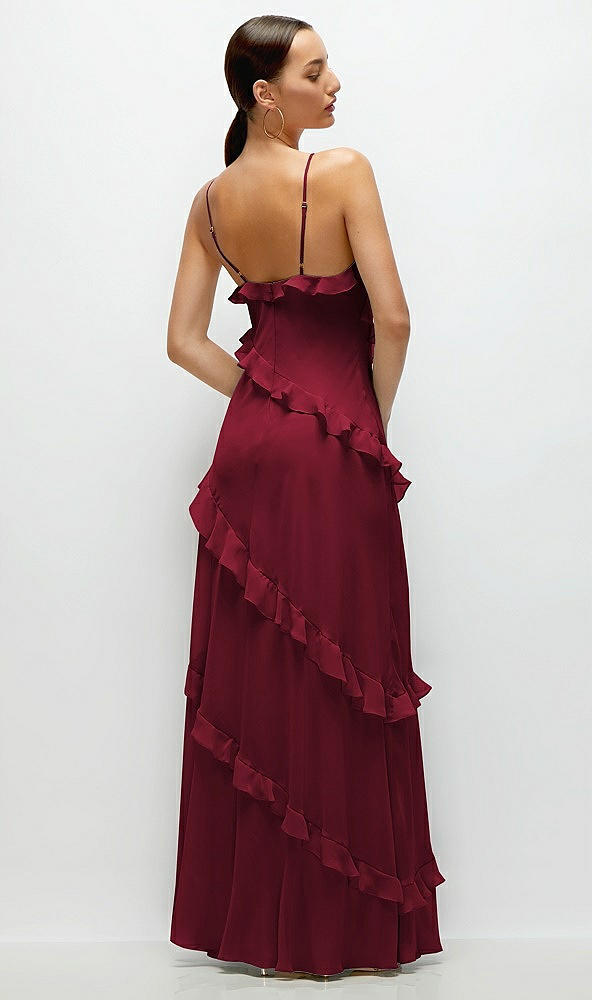 Back View - Burgundy Asymmertical Ruffle Chiffon Bias Slip Maxi Dress