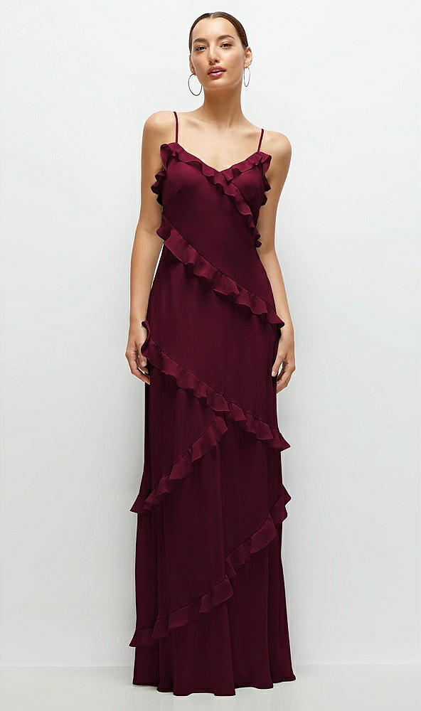 Front View - Cabernet Asymmertical Ruffle Chiffon Bias Slip Maxi Dress