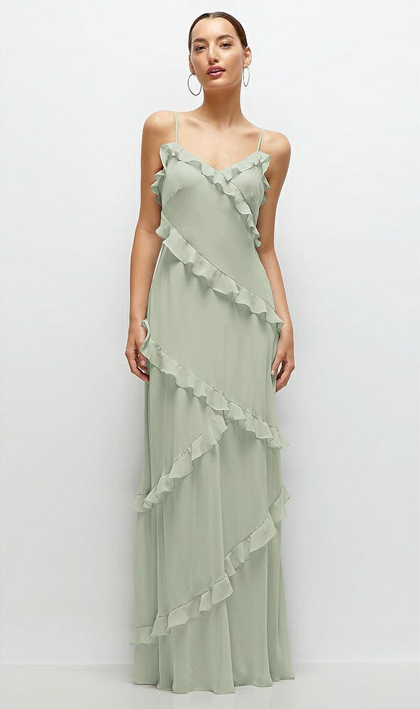 Front View - Celadon Asymmertical Ruffle Chiffon Bias Slip Maxi Dress