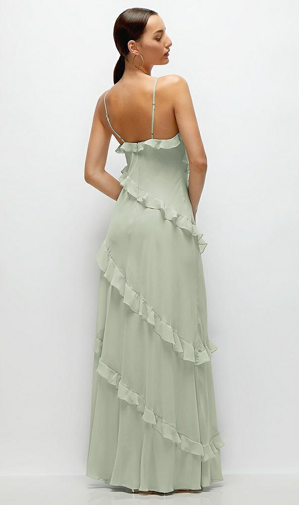 Back View - Celadon Asymmertical Ruffle Chiffon Bias Slip Maxi Dress