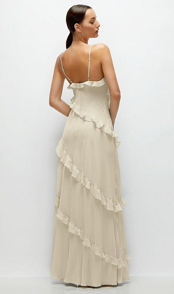 Back View - Champagne Asymmertical Ruffle Chiffon Bias Slip Maxi Dress