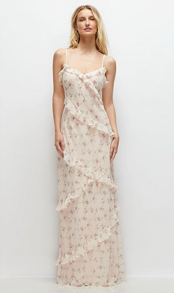 Front View - Coquette Floral Print Asymmertical Ruffle Chiffon Bias Slip Maxi Dress