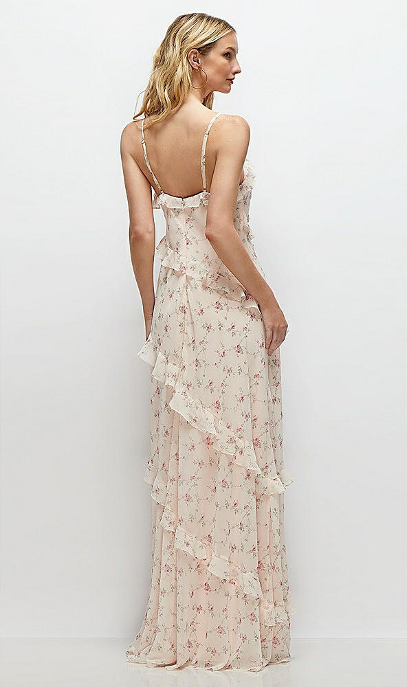 Back View - Coquette Floral Print Asymmertical Ruffle Chiffon Bias Slip Maxi Dress