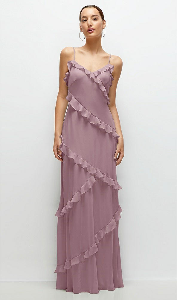 Front View - Dusty Rose Asymmertical Ruffle Chiffon Bias Slip Maxi Dress