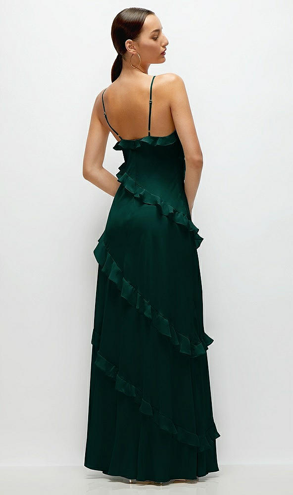 Back View - Evergreen Asymmertical Ruffle Chiffon Bias Slip Maxi Dress