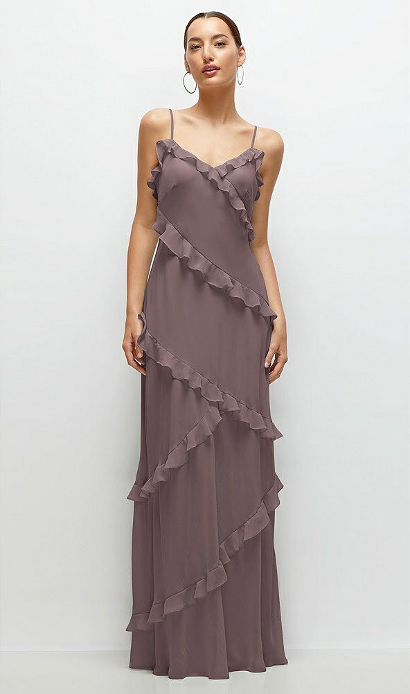 Front View - French Truffle Asymmertical Ruffle Chiffon Bias Slip Maxi Dress