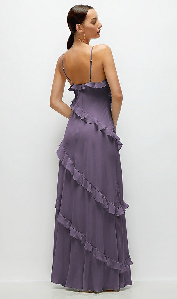 Back View - Lavender Asymmertical Ruffle Chiffon Bias Slip Maxi Dress