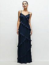 Front View Thumbnail - Midnight Navy Asymmertical Ruffle Chiffon Bias Slip Maxi Dress