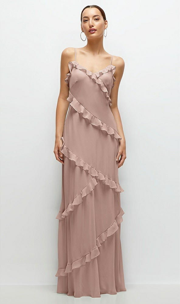 Front View - Neu Nude Asymmertical Ruffle Chiffon Bias Slip Maxi Dress