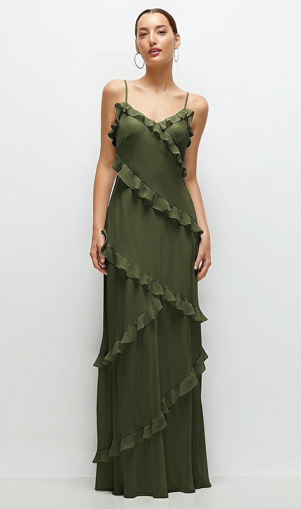 Front View - Olive Green Asymmertical Ruffle Chiffon Bias Slip Maxi Dress