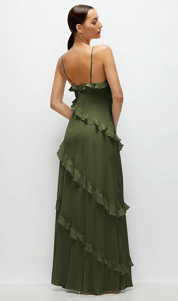 Back View - Olive Green Asymmertical Ruffle Chiffon Bias Slip Maxi Dress