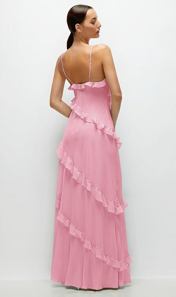 Back View - Peony Pink Asymmetrical Ruffle Chiffon Bias Slip Maxi Dress