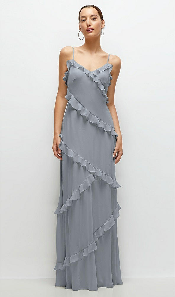 Front View - Platinum Asymmertical Ruffle Chiffon Bias Slip Maxi Dress