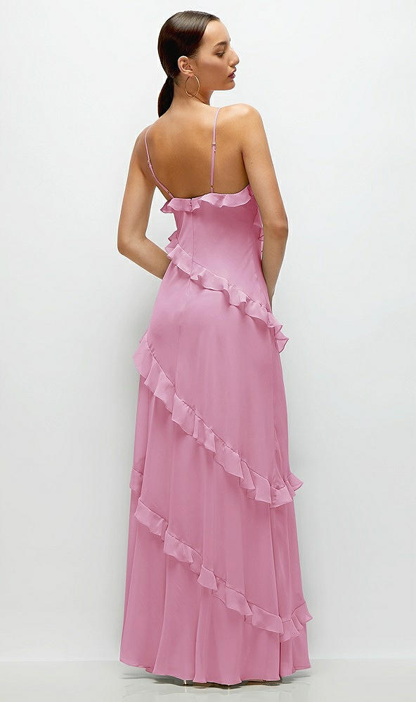 Back View - Powder Pink Asymmertical Ruffle Chiffon Bias Slip Maxi Dress