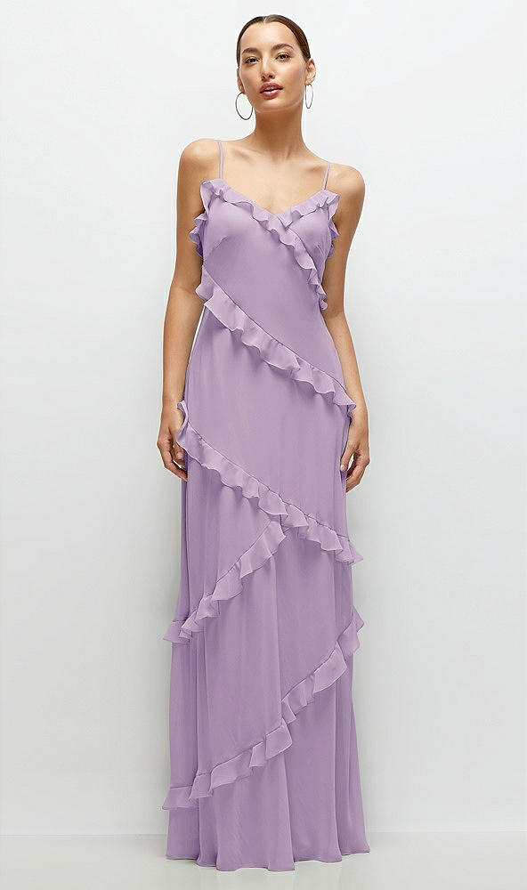 Front View - Pale Purple Asymmertical Ruffle Chiffon Bias Slip Maxi Dress