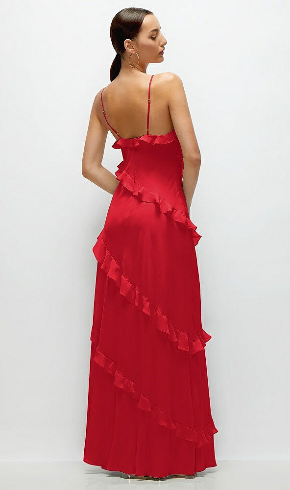 Back View - Parisian Red Asymmertical Ruffle Chiffon Bias Slip Maxi Dress