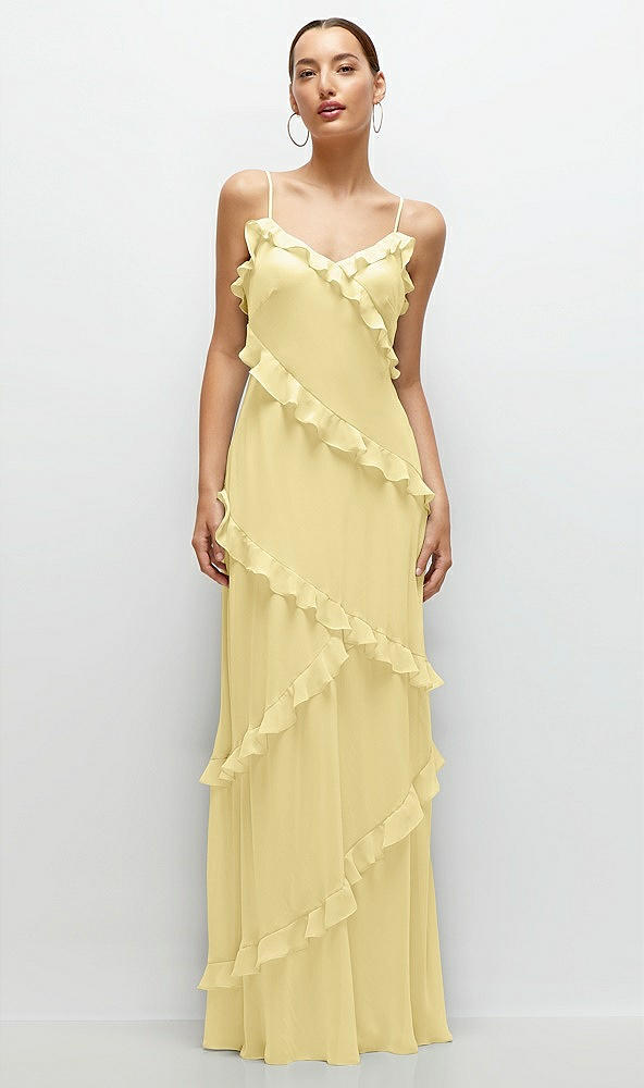 Front View - Pale Yellow Asymmetrical Ruffle Chiffon Bias Slip Maxi Dress