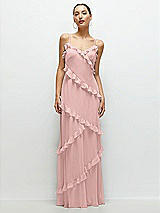 Front View Thumbnail - Rose - PANTONE Rose Quartz Asymmertical Ruffle Chiffon Bias Slip Maxi Dress