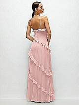 Rear View Thumbnail - Rose - PANTONE Rose Quartz Asymmertical Ruffle Chiffon Bias Slip Maxi Dress