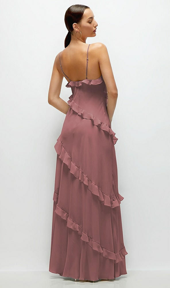 Back View - Rosewood Asymmertical Ruffle Chiffon Bias Slip Maxi Dress