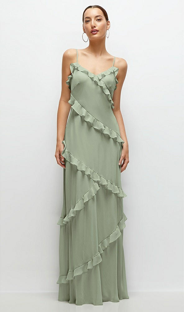 Front View - Sage Asymmertical Ruffle Chiffon Bias Slip Maxi Dress